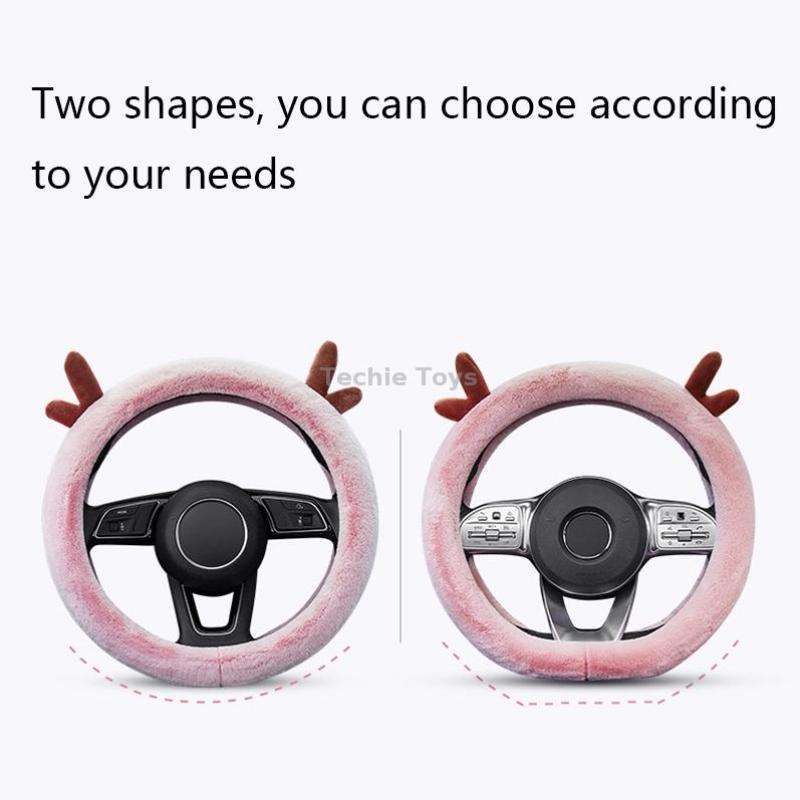 Antler Thick Plush Steering Wheel Cover, Style: O Type (Pink)