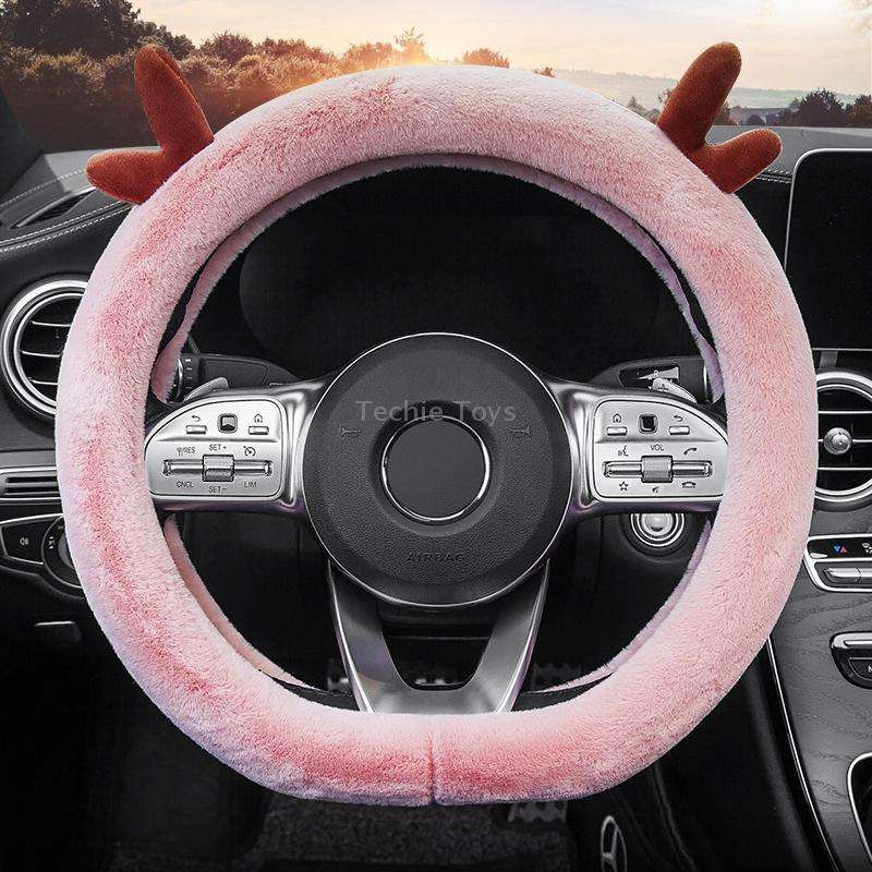 Antler Thick Plush Steering Wheel Cover, Style: D Type (Pink)