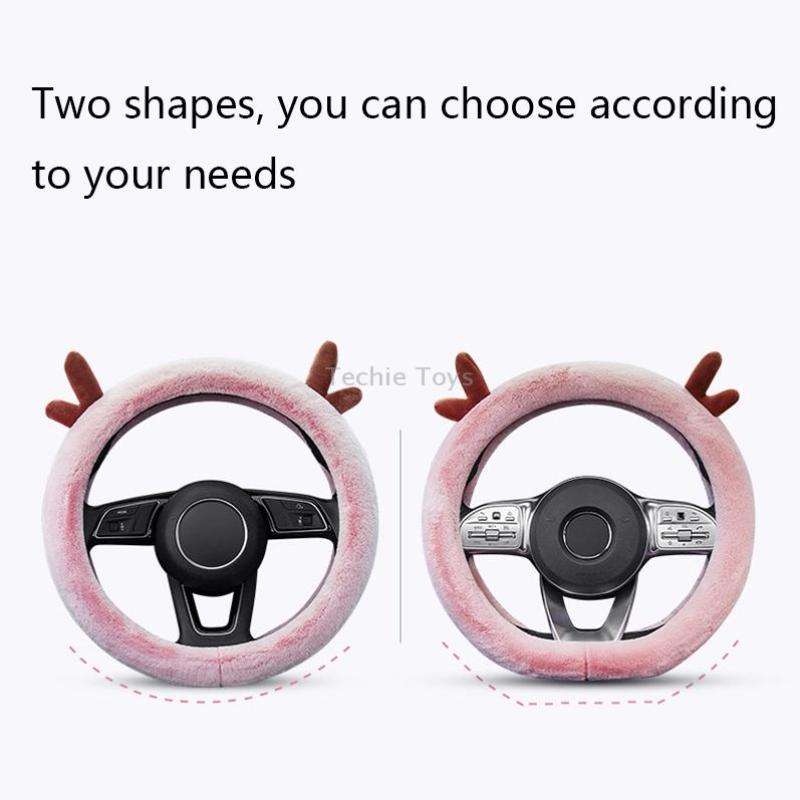 Antler Thick Plush Steering Wheel Cover, Style: D Type (Pink)