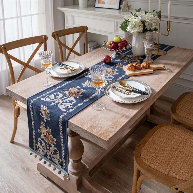 Home Vintage Flower Chenille Beads Table Runner, Size: 32x180cm(Navy)