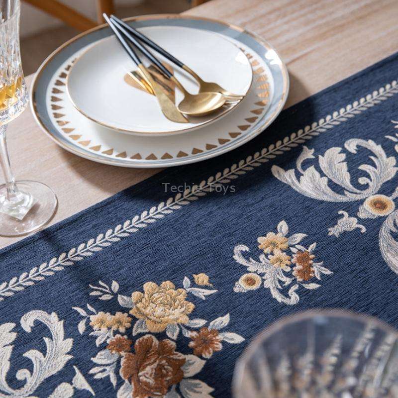 Home Vintage Flower Chenille Beads Table Runner, Size: 32x180cm(Navy)