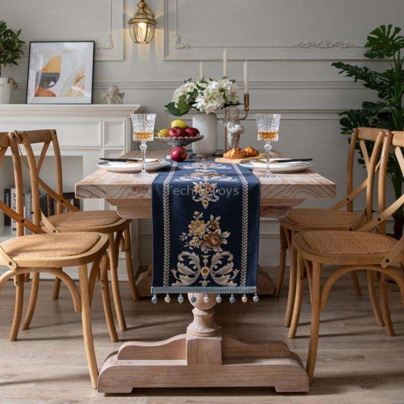 Home Vintage Flower Chenille Beads Table Runner, Size: 32x180cm(Navy)