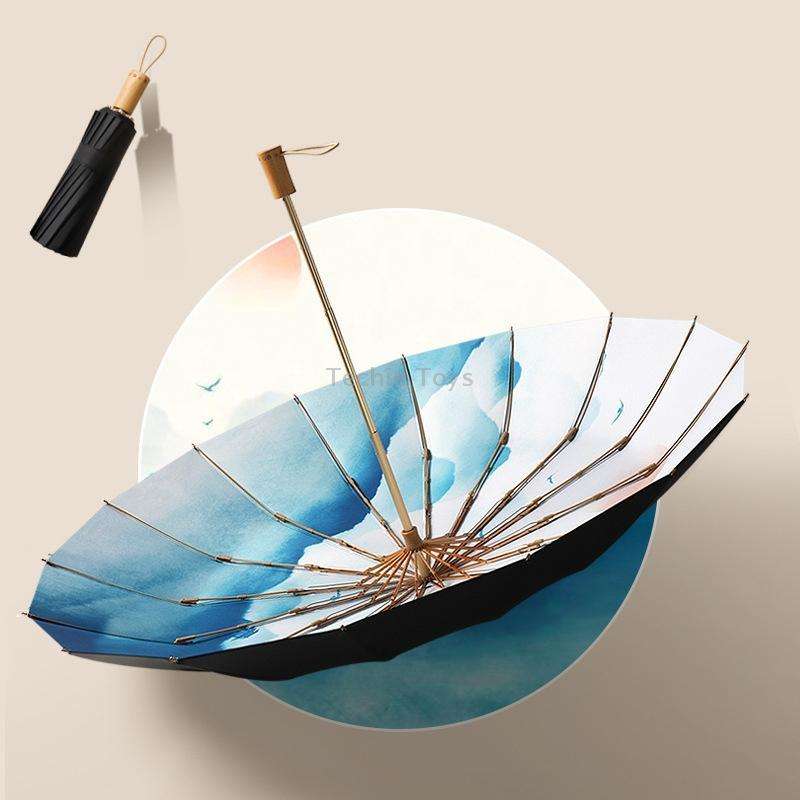 3-fold 16-bone Hand Open Umbrella Retro Wood Handle Black Glue Sunshade Umbrella(Sunset Mountain)