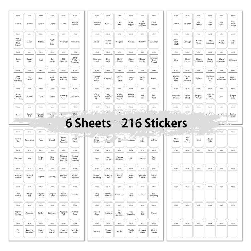 216 PCS Spice Jar Label Stickers Waterproof Oil Proof Kitchen Spice Jar Label(6 Sheets / set)