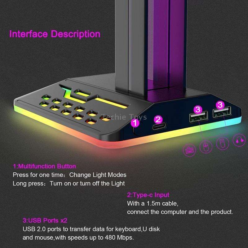 Dual USB RGB Color Changing Gaming Headset Stand(Black)