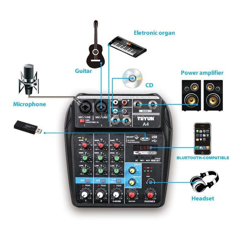 TEYUN A4 4-way Small Microphone Digital Mixer Live Recording Effector(US Plug)