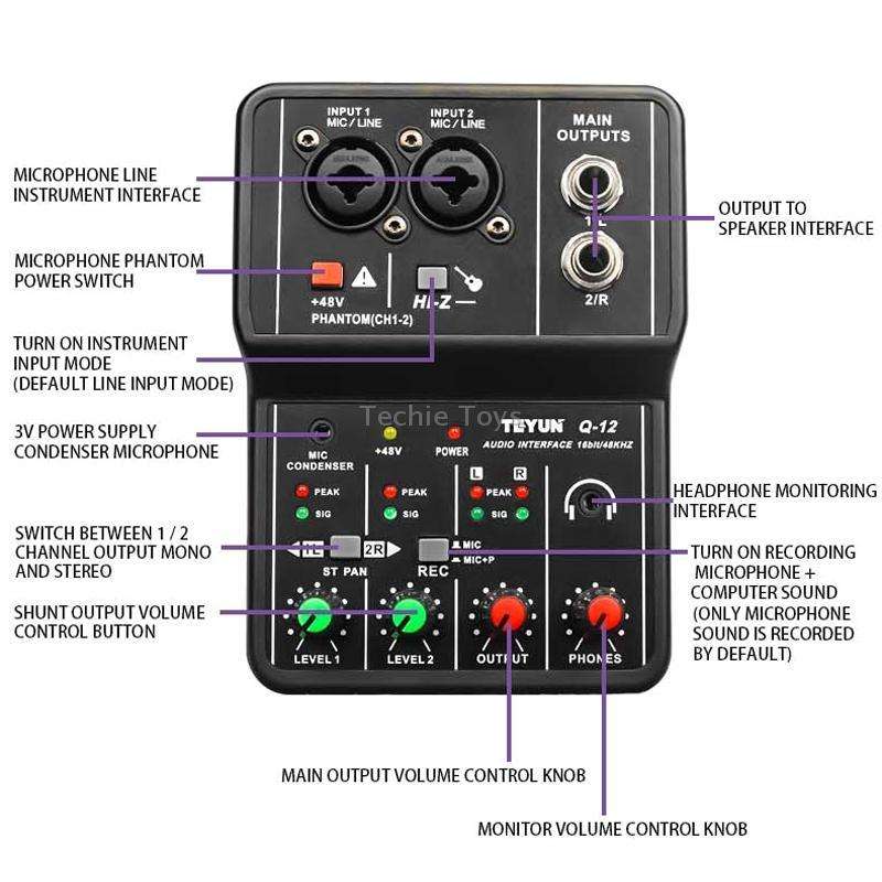 TEYUN Q-12 Computer Recording Sound Card USB Drive-free Recording Arranger(Black)