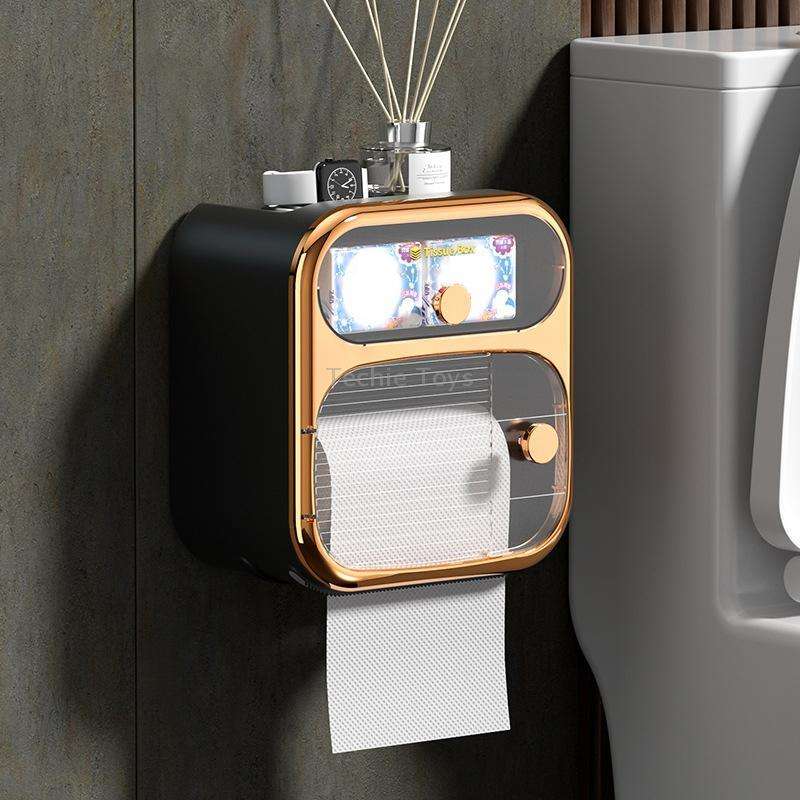 Bathroom Wall Mounted Waterproof Shelf Tissue Box, Color: Luxury Double Layer (Black)