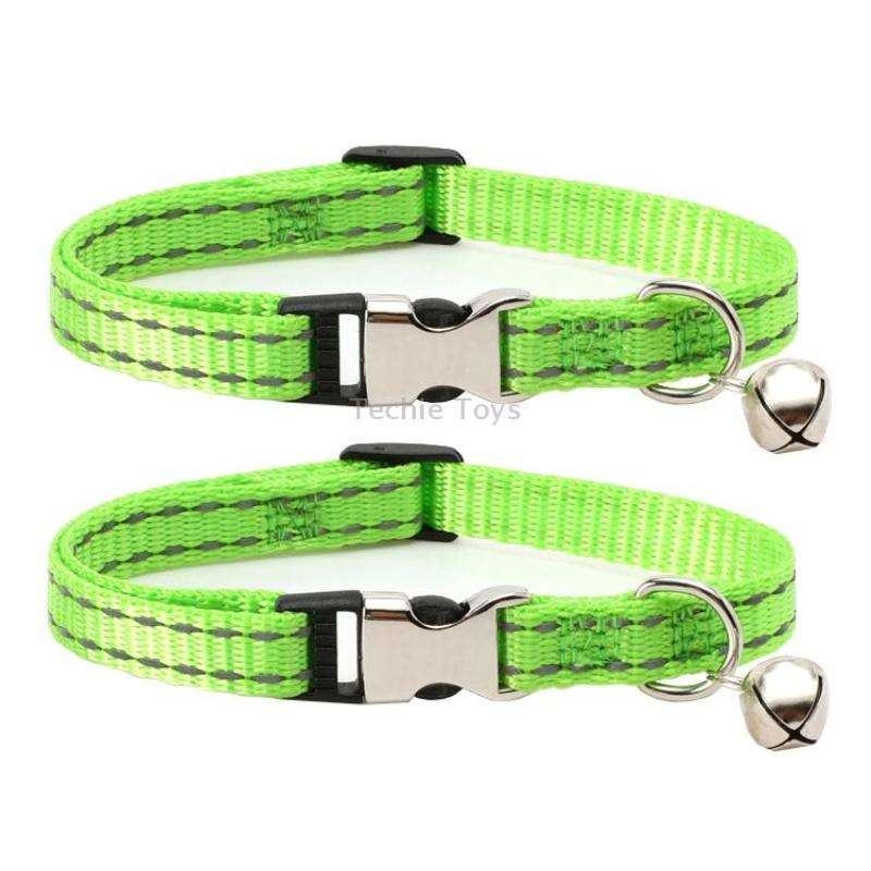 2 PCS Night Reflective Nylon Cat Collar With Bell, Size: XS 1.0x19-30cm(No Carving Grass Green)