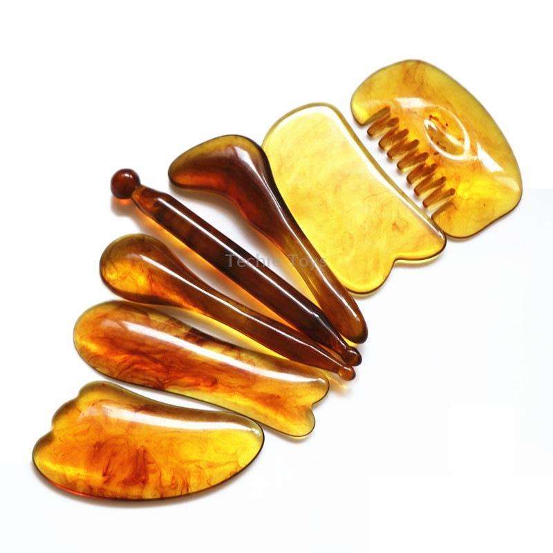 7PCS/Set Facial Tendon Stick Facial Scraping Board Meridian Acupuncture Pen, Shape: Amber