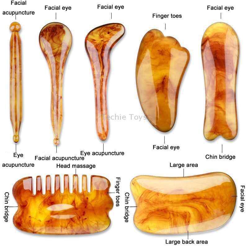 7PCS/Set Facial Tendon Stick Facial Scraping Board Meridian Acupuncture Pen, Shape: Amber