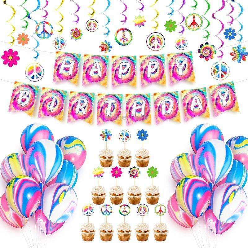 Tie Dye Spiral Themed Kindergarten Birthday Party Decoration Set