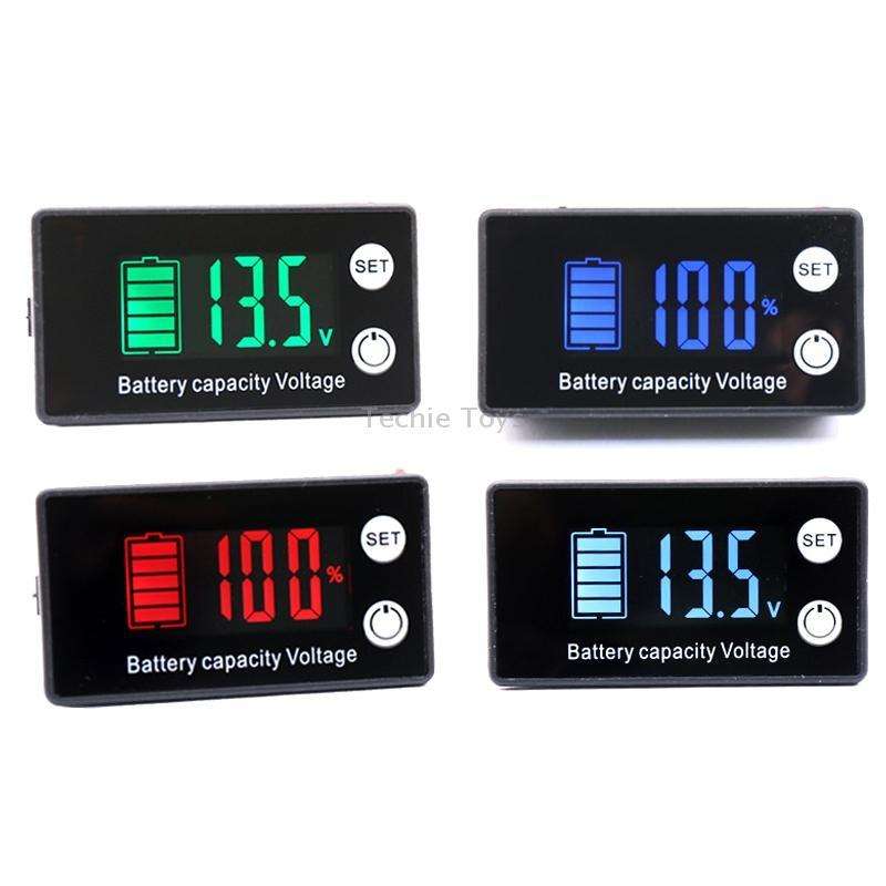 Two-Line Digital Display DC Voltmeter Lead-Acid Lithium Battery Charge Meter, Color: Green+Temperatu