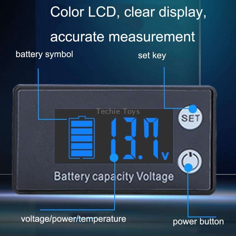 Two-Line Digital Display DC Voltmeter Lead-Acid Lithium Battery Charge Meter, Color: Green+Temperatu