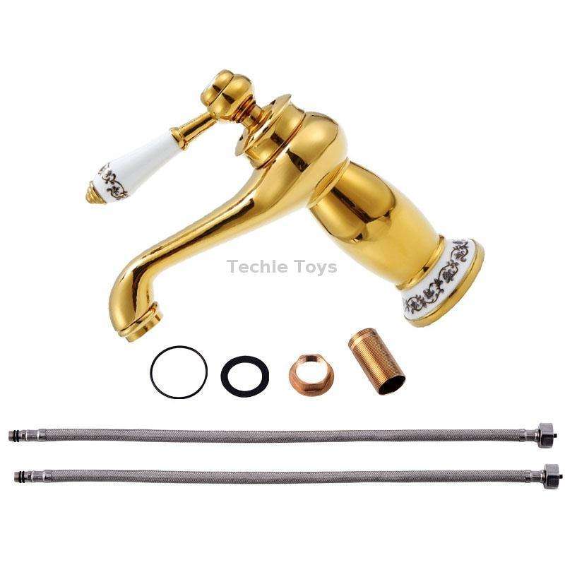 Antique Hot and Cold Bathroom Washbasin Faucet, Style: Short Model+Water Inlet Pipe