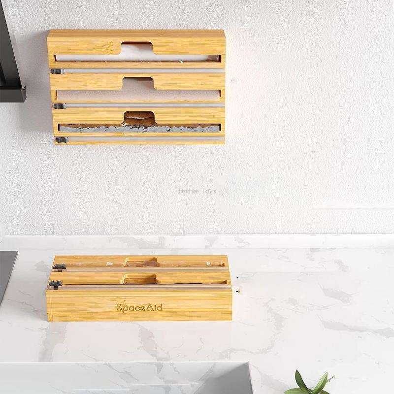 Aluminum Foil Wrap Dispenser Wood Storage Box for Kitchen Drawer,Style: Two Slots