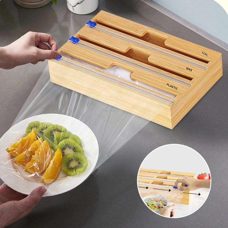 Aluminum Foil Wrap Dispenser Wood Storage Box for Kitchen Drawer,Style: Three Slots