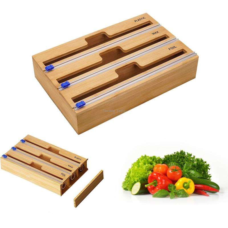 Aluminum Foil Wrap Dispenser Wood Storage Box for Kitchen Drawer,Style: Three Slots