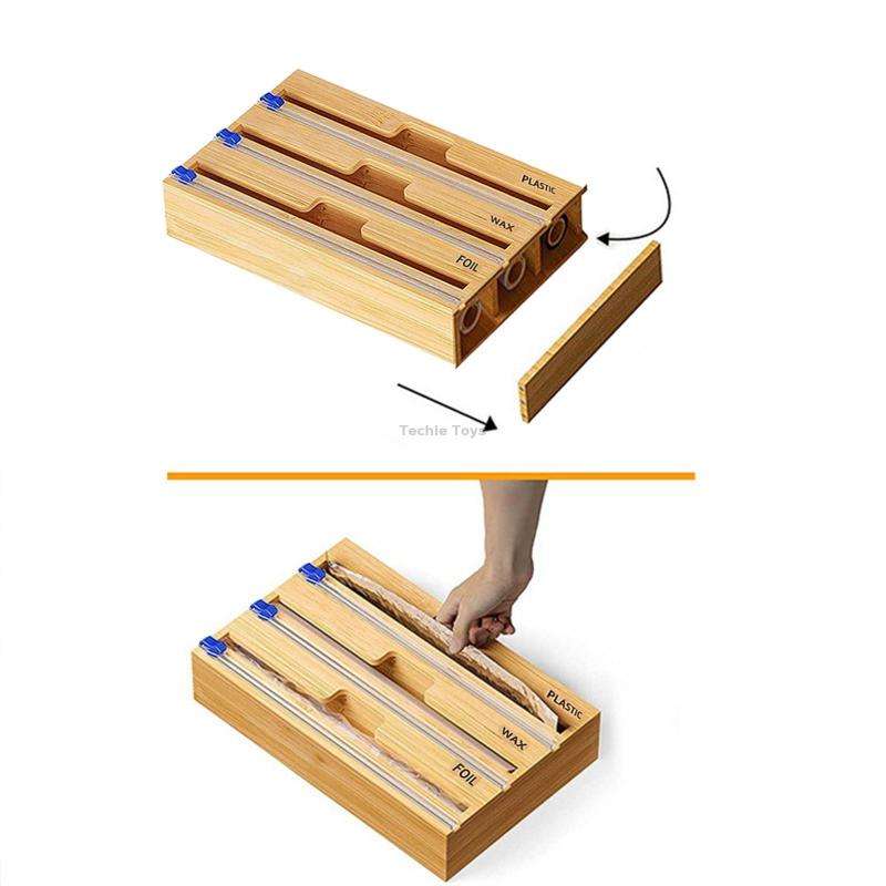 Aluminum Foil Wrap Dispenser Wood Storage Box for Kitchen Drawer,Style: Three Slots