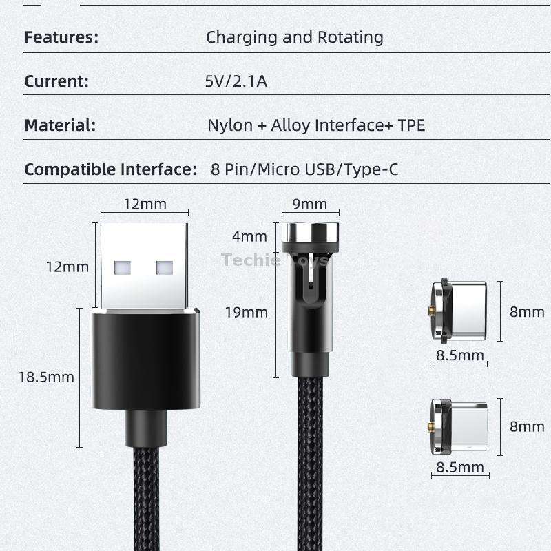 CC56 8 Pin + Type-C/USB-C + Micro USB Magnetic Interface Dust Plug Rotating Data Charging Cable, Cba
