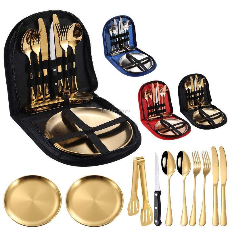 Stainless Steel Portable Cutlery Set Western Steak Knife Fork Spoon Set,Color: Black Gold