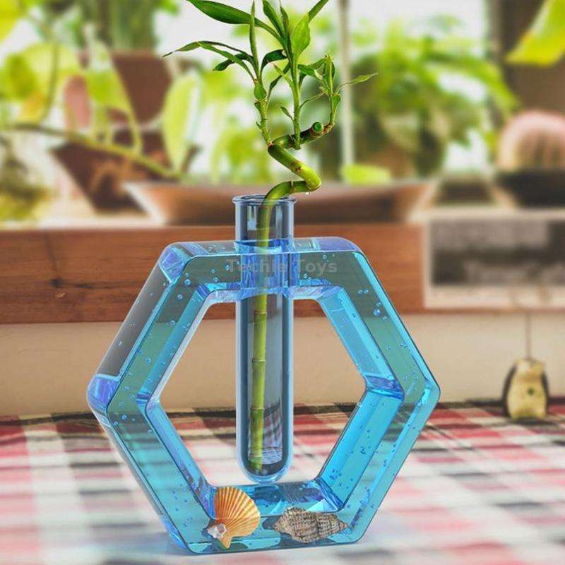DIY Crystal Epoxy Test Tube Cultivation Vase Silicone Mould, Spec: Hexagon+2Pcs Blue