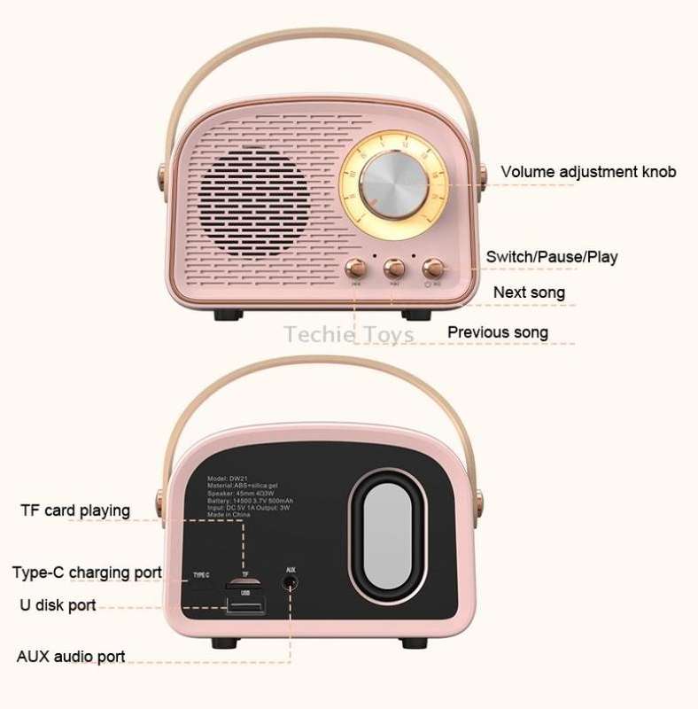 DW21 Vintage Radio BT Speaker Support TF Card/U Disk to Play(Pink)