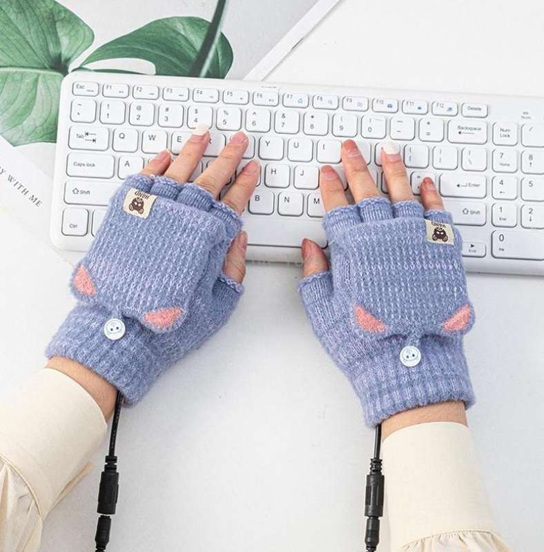 Winter Office USB Heating Warm Half Finger with Cover Gloves Heated Pad, Size: Free Size(Blue)