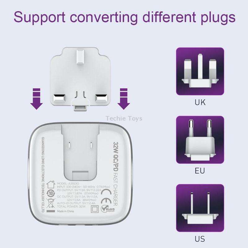 LDNIO A3513Q 32W QC3.0 3 USB Ports Phone Adapter UK Plug with 8 Pin Cable