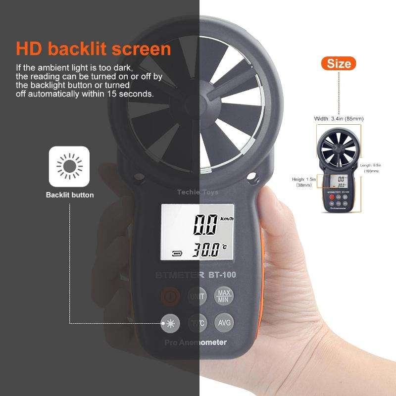 BT-100 Handheld Anemometer Wind Speed Wind Chill Temperature Measuring Instrument(Black)