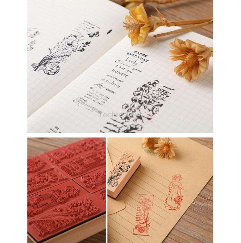 4 PCS Wooden Flowers and Plants Girl Stamp Fresh Plant Handbook DIY Decorative Stamp(Boswellia)
