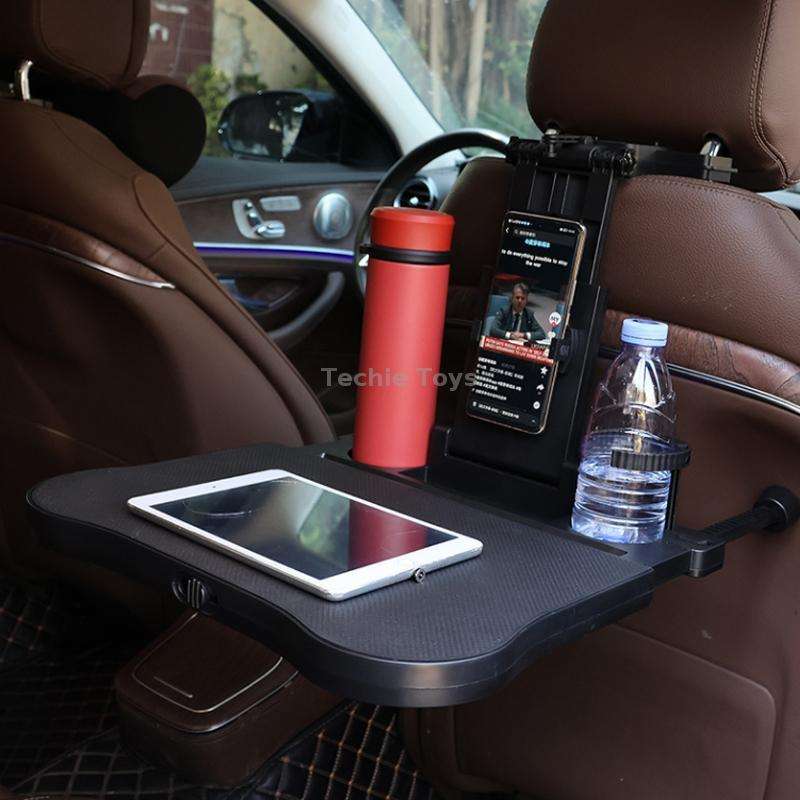 Car Seat Back Multifunctional Adjustable Travel Cup Table Computer Holder(A08 Black+Non-slip Pad)