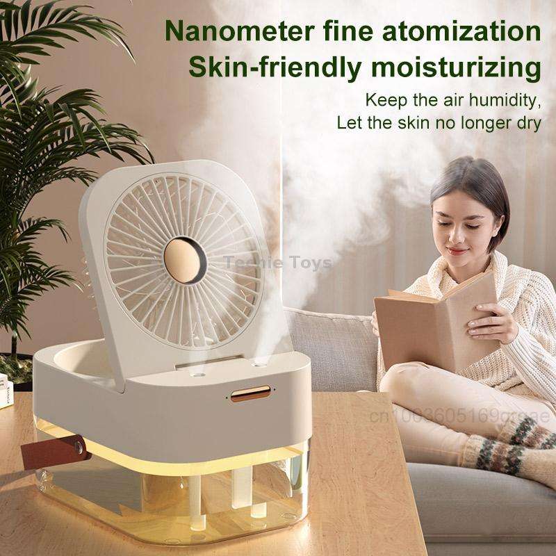 Rechargeable 4000mAh 2.5L Dual Spray Humidifying Fan with Ambient Light Aroma Diffuser(White)