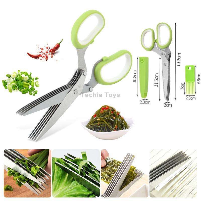 Five-Layer Vegetable Scissors Office Shredding Stainless Steel Scissors(Green White)