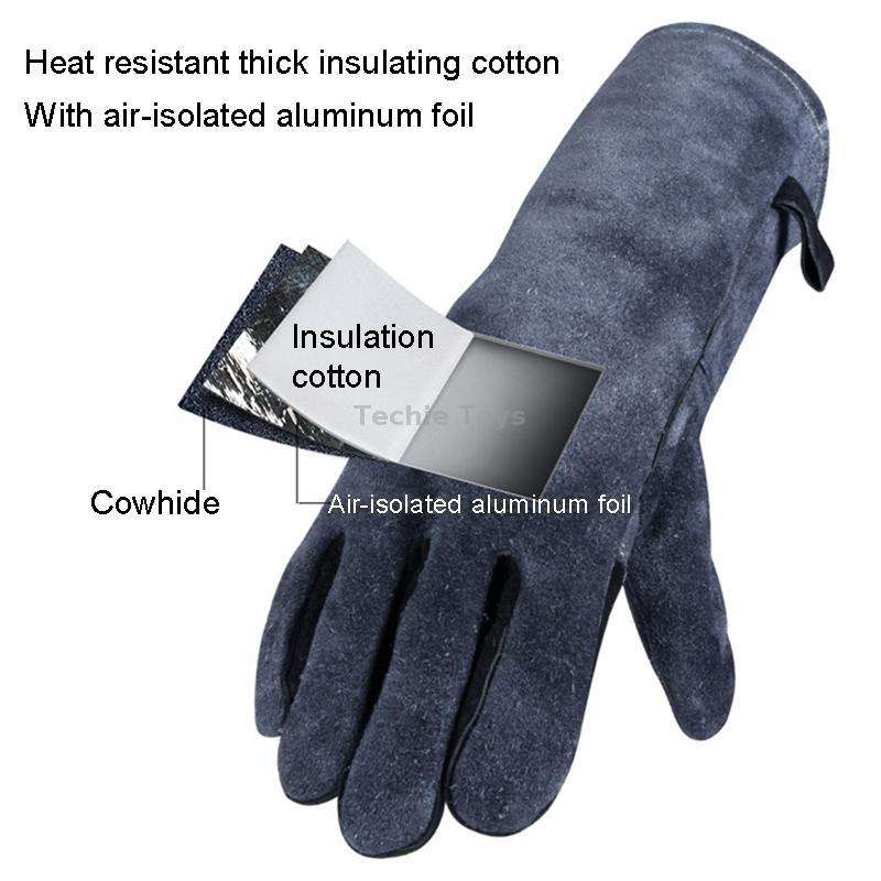 Cowhide BBQ Gloves Thickened Anti-hot Oven Welding Protection Gloves, Specification: A2415 16 inch G