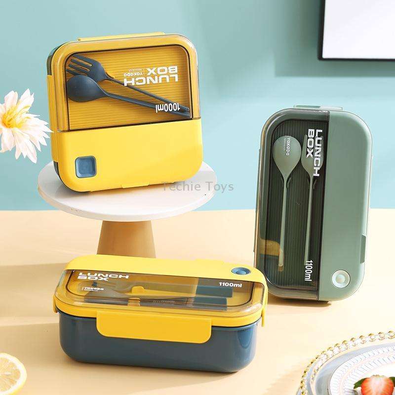 Plastic Compartment Lunch Box Microwaveable with Tableware(1L Green)