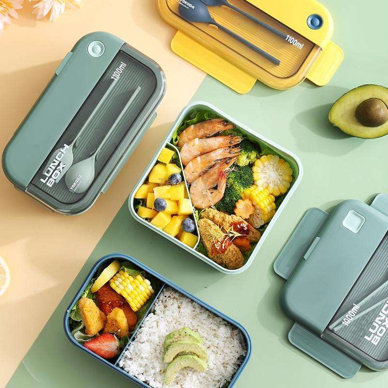 Plastic Compartment Lunch Box Microwaveable with Tableware(1L Green)