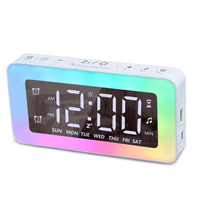 Color Changing LED Light Mirror Alarm Clock Built-in 8 Natural Music(White)