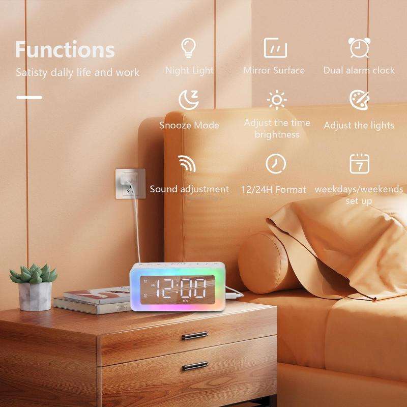 Color Changing LED Light Mirror Alarm Clock Built-in 8 Natural Music(White)