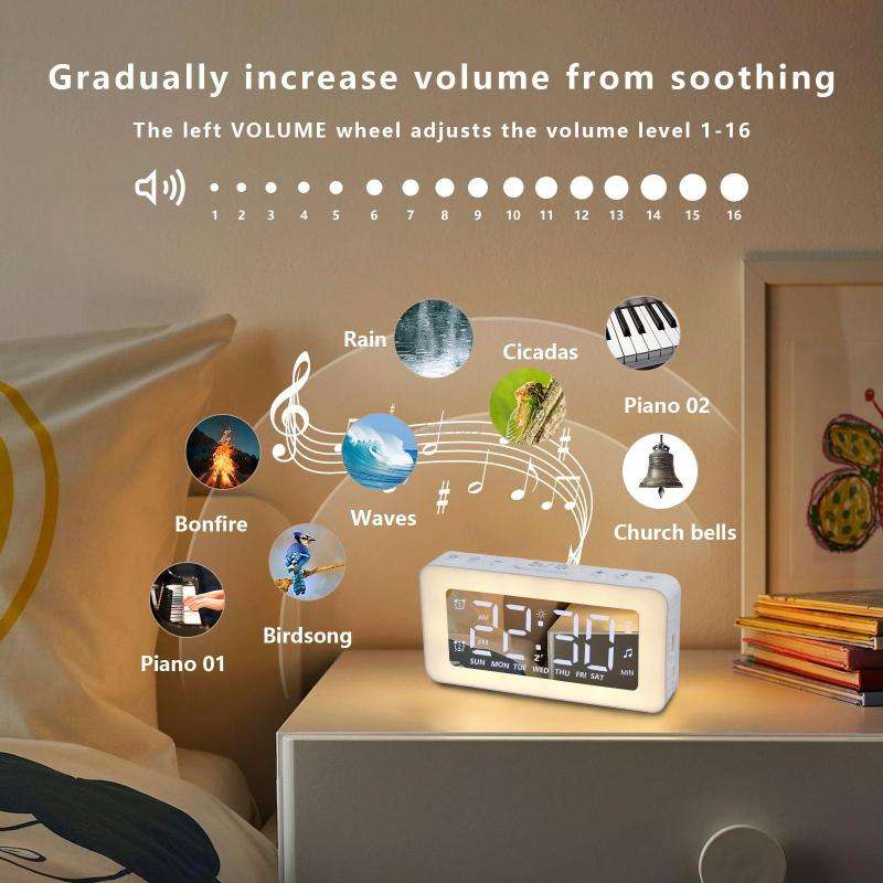 Color Changing LED Light Mirror Alarm Clock Built-in 8 Natural Music(White)