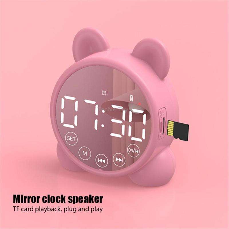P1 Mini Card Mirror Clock Wireless Bluetooth Speaker with FM Radio(Pink)