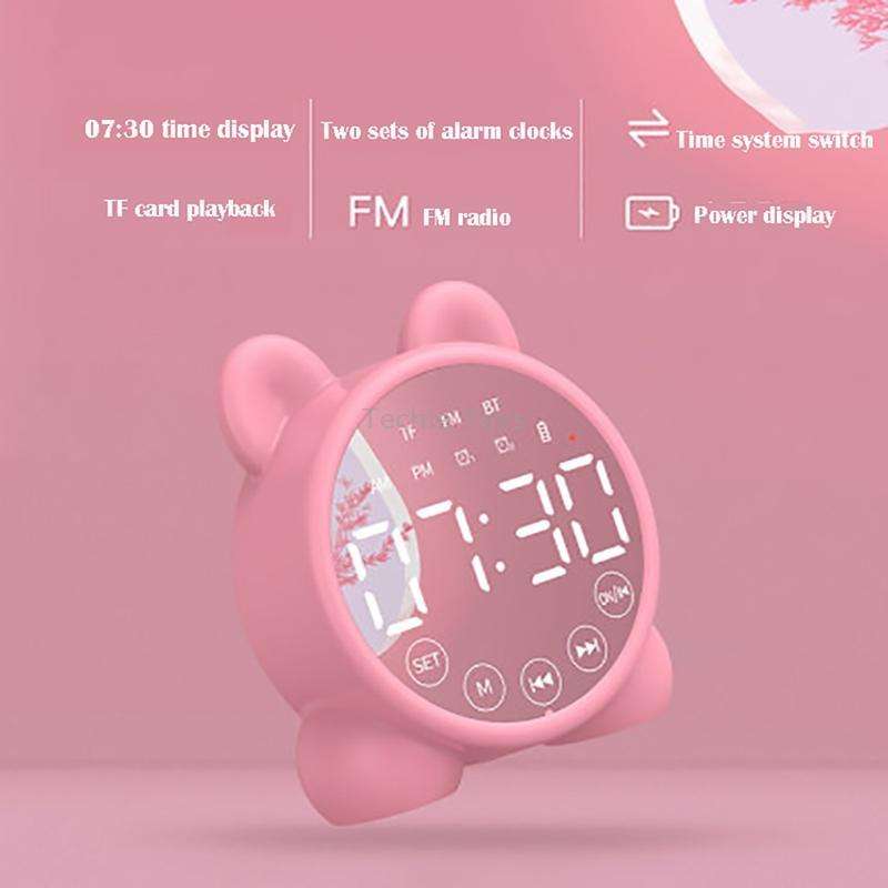 P1 Mini Card Mirror Clock Wireless Bluetooth Speaker with FM Radio(Pink)