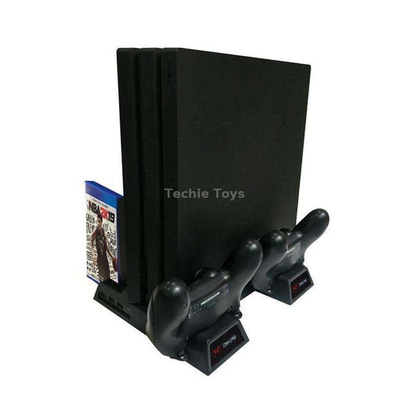 For PS4 / PS4 Slim / PS4 Pro Cooling Fan Stand Console Vertical Stand Cooler with Dual Controller Ch
