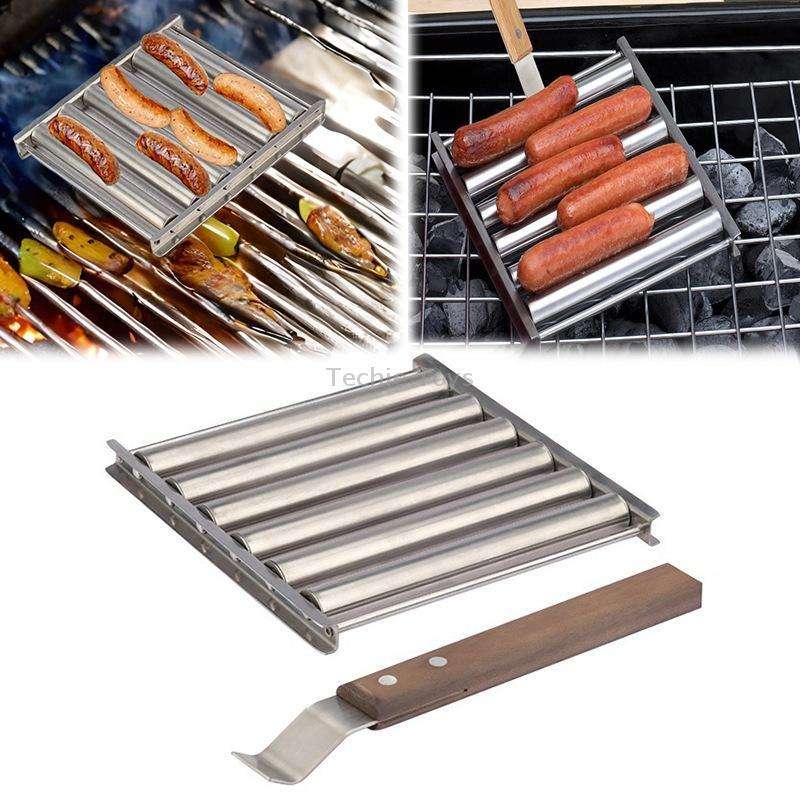 Hot Dog Sausage Grill Stainless Steel Wooden Handle BBQ Rack Kitchen Tools(Boxed)