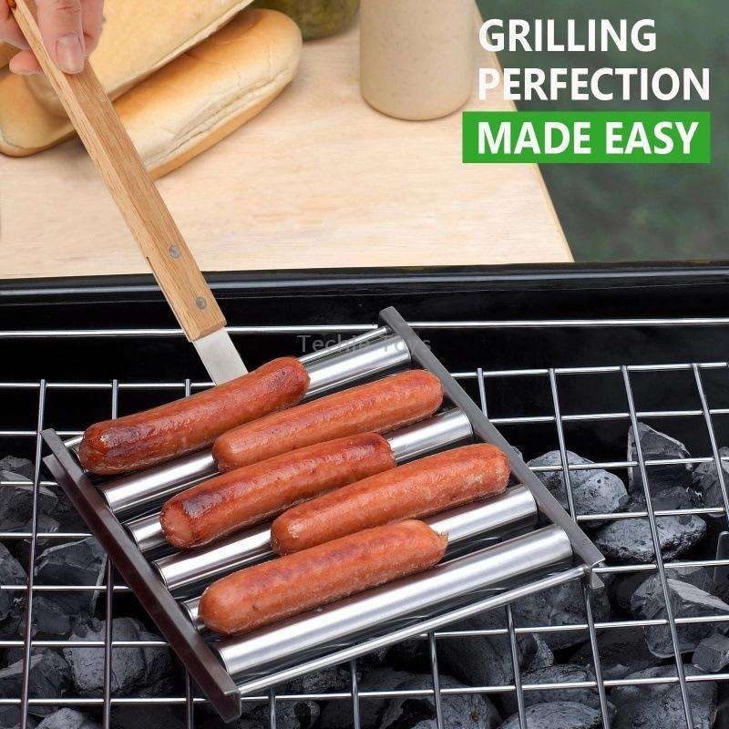 Hot Dog Sausage Grill Stainless Steel Wooden Handle BBQ Rack Kitchen Tools(Boxed)