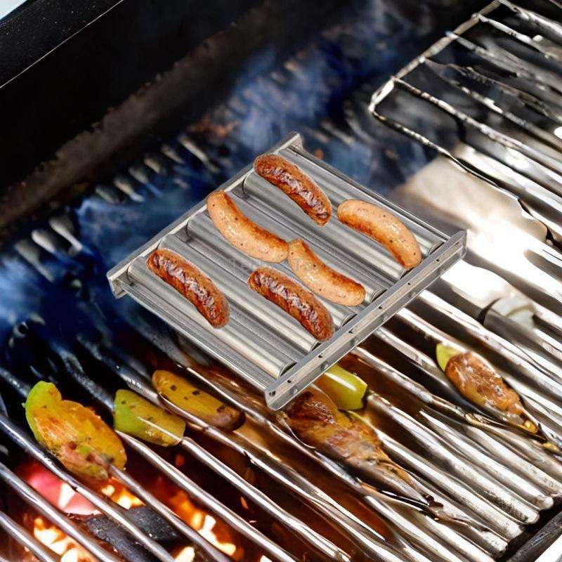 Hot Dog Sausage Grill Stainless Steel Wooden Handle BBQ Rack Kitchen Tools(Boxed)