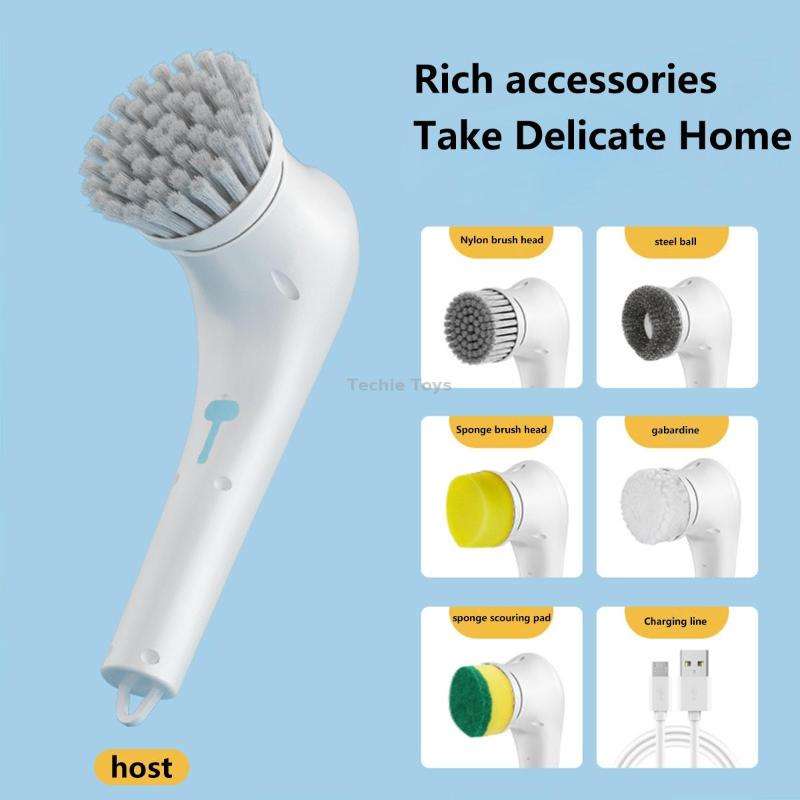 Multifunctional Electric Cleaning Brush Handheld Kitchen Dishwashing Brush with 5 Replacement Heads(