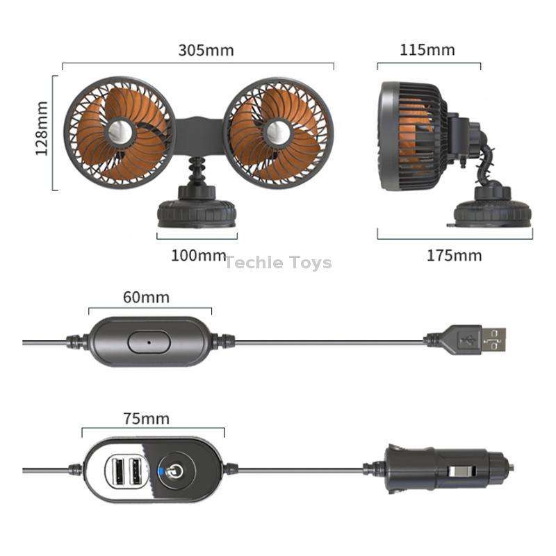 F6026 Large Suction Cup Vehicle-Mounted Double-Head Fan, Model: Cigarette Lighter with USB