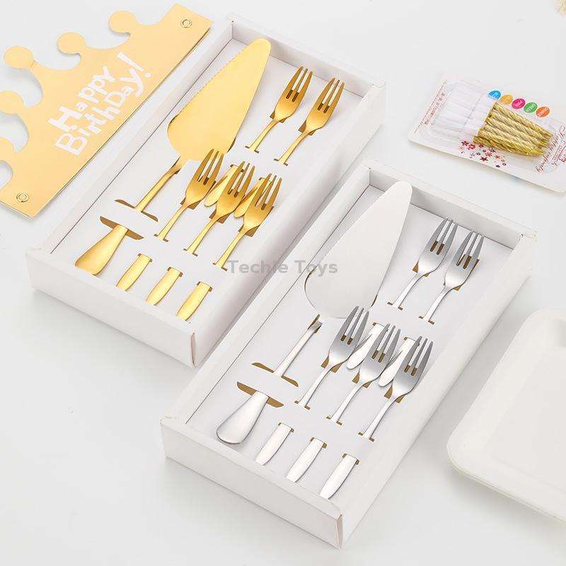 6pcs/set Stainless Steel Cake Knife And Fork Set, Color: Silver With 3-tine Forks