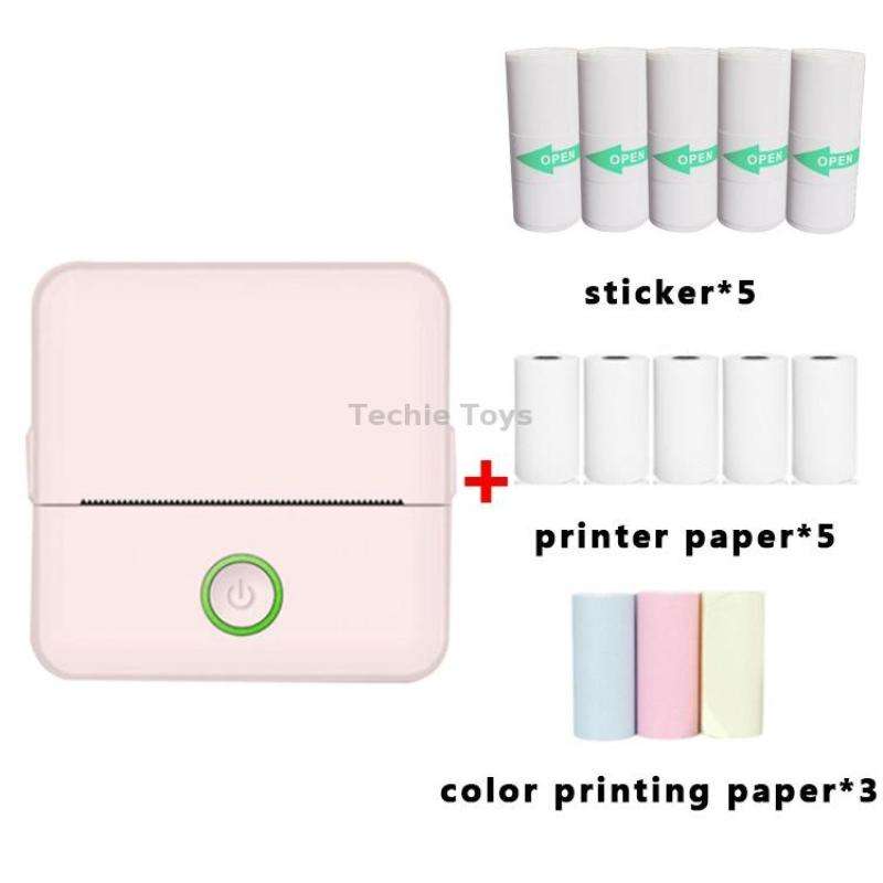 X6 200DPI Student Homework Printer Bluetooth Inkless Pocket Printer Pink 5 Printer Papers+5 Sickers+